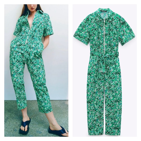 ZARA Printed Floral Belted Jumpsuit Coquette Fashion with Zip Front Med - Picture 1 of 10